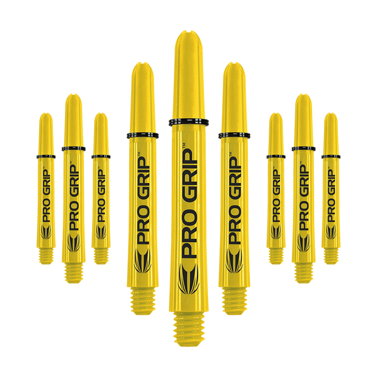 Uchwyty Target Pro Grip - 3 zestawy - żółte Das Bild zeigt mehrere gelbe Dartschäfte mit der Aufschrift "PRO GRIP". Die Schäfte sind in einer Reihe angeordnet und haben ein einheitliches Design.