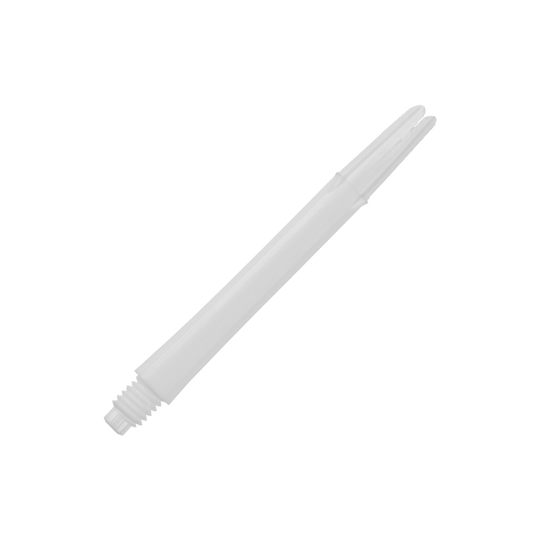 Auf dem Bild ist ein gerader, weißer Dartshaft ohne Kappen zu sehen. Der Shaft ist schlicht gestaltet und hat eine Länge von 46 mm.