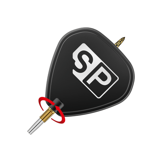 Target Swiss DS Surge Point Dart Tips - Gold Das Bild zeigt eine schwarze Dartspitze mit der Aufschrift "SP" auf dem Flight. Ein roter Pfeil zeigt eine Drehbewegung an der goldenen Verschraubung der Spitze.
