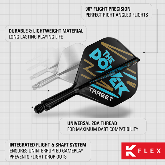 System wału lotniczego Target K-Flex Phil Taylor No2 Standard Das Bild zeigt das Produkt "Target K-Flex Phil Taylor No2 Standard Flights" für Dartpfeile. Es hebt die langlebigen Materialien, die präzise 90°-Flugwinkel und das integrierte Flight- und Schaftsystem hervor.