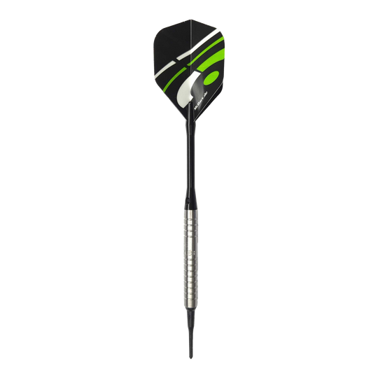 Lotki miękkie McDart 85 Tungsten V16 - 16,5 g Das Bild zeigt einen McDart 85er Tungsten V16 Softdart mit einem Gewicht von 16,5g. Der Dart besitzt einen silbernen, gerillten Barrel und schwarze sowie grüne Akzente auf dem Flight.