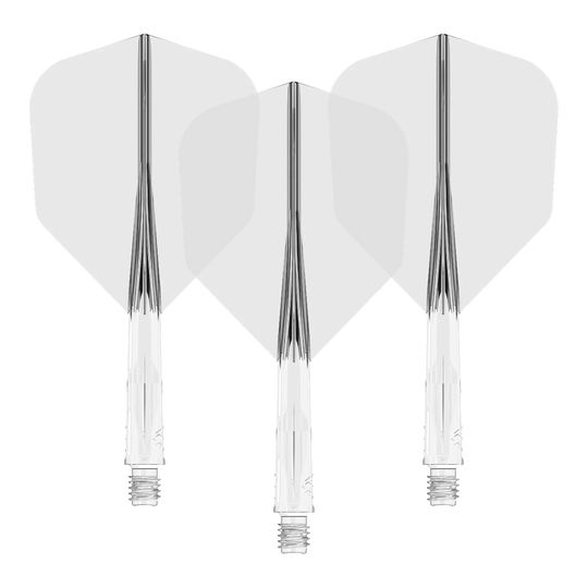 System wału lotniczego Mission Force 90 No6 – przezroczysty Auf dem Bild sind drei klare Dart-Flights mit passenden transparenten Schäften zu sehen. Sie sind nebeneinander angeordnet und zeigen eine einheitliche, schlichte Optik.