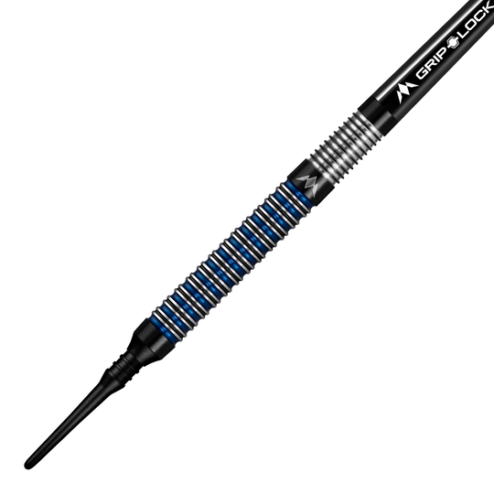 Das Bild zeigt einen Mission Nightfall Model 1 Softdart mit einem schwarzen und blauen Ringdesign am Griff. Der Dart besitzt eine feine Riffelung für besseren Halt und eine schwarze Softspitze.