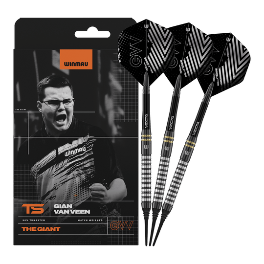 Miękkie rzutki Winmau Gian Van Veen TS - 18g Winmau Gian Van Veen TS Softdarts mit 18g werden komplett dargestellt. Alle drei Darts sind zusammen zu sehen.