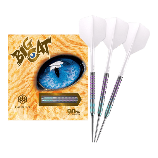 Stalowe lotki Caliburn Big Cats Ocelot Caliburn Big Cats Ozelot Steeldarts mit einem Gewicht von 23g. Das Bild zeigt die gesamte Länge des Dartpfeils.