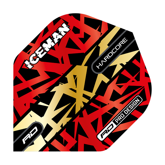 TF6871_Red_Dragon_Hardcore_Gerwyn_Price_Red_Gold_Premium_Standard_Flights_1 Das Bild zeigt ein Dartflight mit dem Namen "Red Dragon Hardcore Gerwyn Price Red Gold Premium Standard Flights". Das Design ist in Rot, Gold und Schwarz gehalten und enthält die Wörter "ICEMAN", "HARDCORE" und "PRO DESIGN".