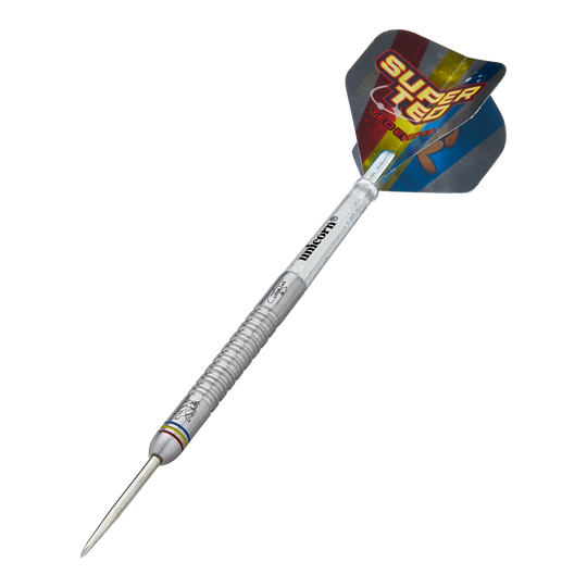 Das Bild zeigt den Steeldart „Unicorn Contender Ted Evetts Phase 2“ mit einem Gewicht von 23g. Der Dartpfeil hat einen silbernen Schaft und einen bunten Flight mit der Aufschrift „Super Ted“.