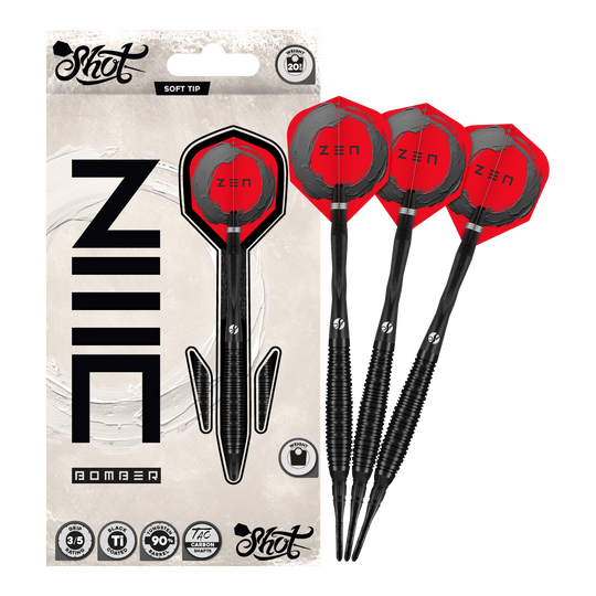 Miękkie lotki Shot ZEN Bomber - 20g Zu sehen sind die Shot ZEN Bomber Softdarts - 20g. Sie zeichnen sich durch ihre spezielle Form und das ansprechende Aussehen aus.