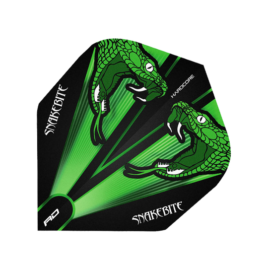Peter-Wright-green Das Bild zeigt ein Dartflight mit grünem und transparentem Design. Darauf sind zwei grüne Schlangenköpfe und der Schriftzug "SNAKEBITE" abgebildet.