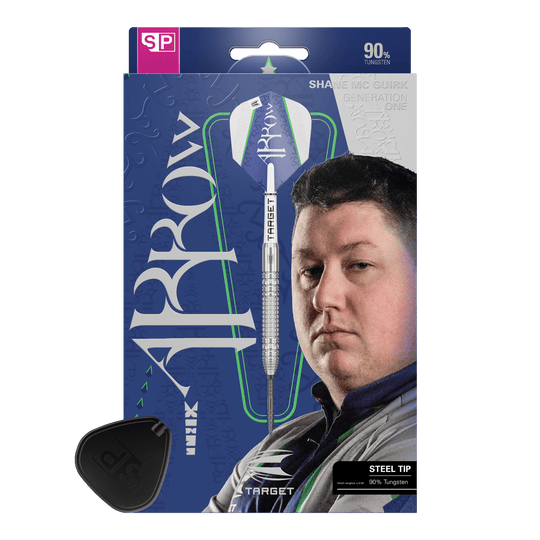 Lotki stalowe Target Shane McGuirk GEN1 Swiss Point - 23g Das Bild zeigt die Verpackung der "Target Shane McGuirk GEN1 Swiss Point Steeldarts - 23g". Auf der Verpackung ist ein Dartpfeil und das Porträt eines Mannes abgebildet.