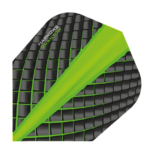 HR6800_Harrows_Quantum_Gr-n_No6_Flights_1 Das Bild zeigt ein Harrows Quantum No6 Dart-Flight in Grün. Das Flight hat ein schwarzes, schuppenartiges Muster mit einem leuchtend grünen Streifen in der Mitte.