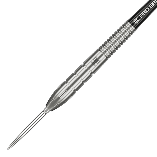 Stalowe lotki Target Nathan Aspinall GEN1 Swiss Point Das Bild zeigt einen silbernen Steeldart aus der Serie "Target Nathan Aspinall GEN1 Swiss Point". Der Dart hat ein gerilltes Griffstück und eine spitze Metallspitze.