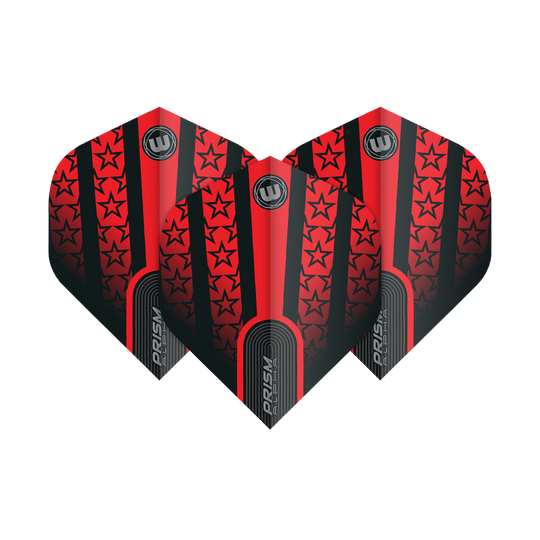 6915-178_Winmau_Prism_Alpha_6915-178_Standard_Flights_1lSdOEcdnHqGOd Das Bild zeigt die Winmau Prism Alpha 6915.178 Standard Flights. Diese Dartflights sind rot-schwarz gestaltet und mit Sternmustern verziert.