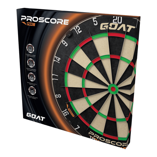 Stalowa tarcza do darta GOAT Proscore PWR Die Abbildung zeigt das Produkt „GOAT Proscore PWR Steeldartboard“ in seiner Verpackung. Auf der Box sind das Dartboard und verschiedene Produkthighlights sichtbar.