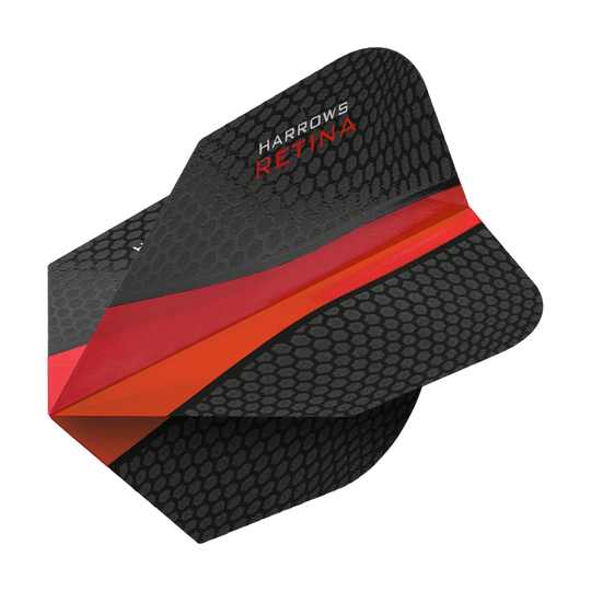 HR64_Harrows_Retina_Rot_No2_Standard_Flights_2 Das Bild zeigt das Produkt "Harrows Retina Rot No6 Flights". Die Darts-Flights sind schwarz mit einem roten Streifen und einem wabenartigen Muster gestaltet.