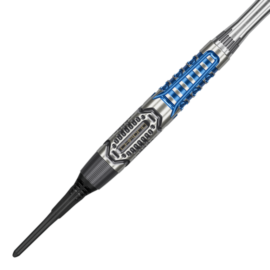 Target Phil Taylor Power X Chrono Softdarts sind auf diesem Bild abgebildet. Diese Darts sind für das Softdart-Spiel konzipiert.