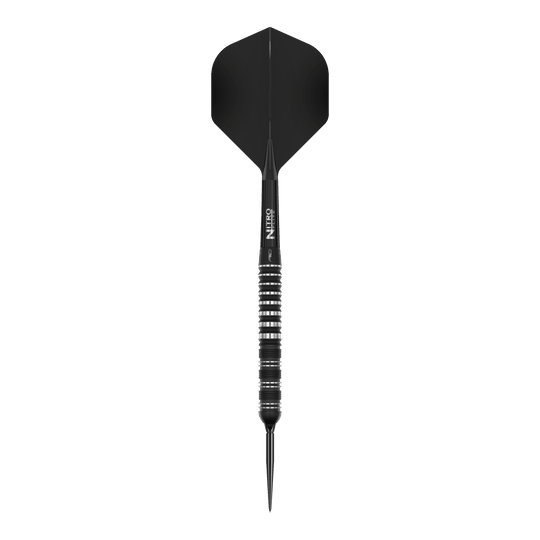 Das Bild zeigt die Red Dragon Sable Parallel Switch Point Steeldarts. Drei silberne Darts sind nebeneinander angeordnet gezeigt.