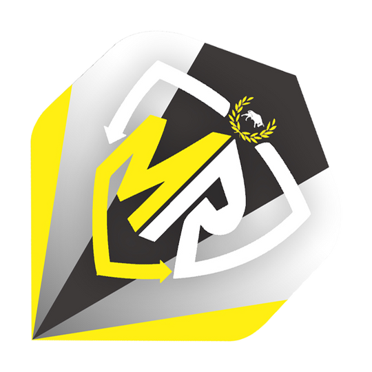 Das Bild zeigt das Produkt "Bulls Powerflite Rasto Logo No2 Standard Flights". Die Dartflight ist in den Farben Schwarz, Weiß und Gelb gestaltet und trägt ein auffälliges Logo in der Mitte.