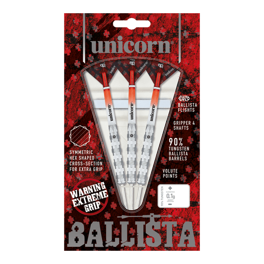 Stalowe lotki Unicorn Ballista Style 1 Das Bild zeigt die "Unicorn Ballista Style 1 Steeldarts" in ihrer Verpackung. Die Darts haben einen extremen Grip und bestehen zu 90% aus Tungsten.