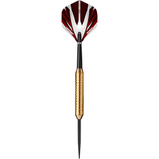 1225-22_Winmau_Broadside_Brass_Steeldarts_15C89jocW5tuTC Dies ist ein Winmau Broadside Brass Steeldart mit einem Gewicht von 22 Gramm. Der Dart hat einen messingfarbenen, geriffelten Griff und eine rot-weiße Flight.