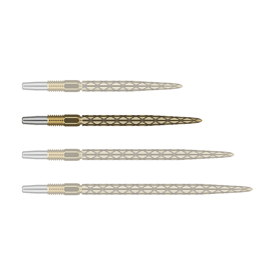 Końcówki do lotek Target Swiss Diamond Pro Gold Das Bild zeigt vier goldfarbene Dartspitzen mit silberner Spitze, die nebeneinander liegen. Die Oberflächen der Dartspitzen haben ein rautenförmiges Muster.