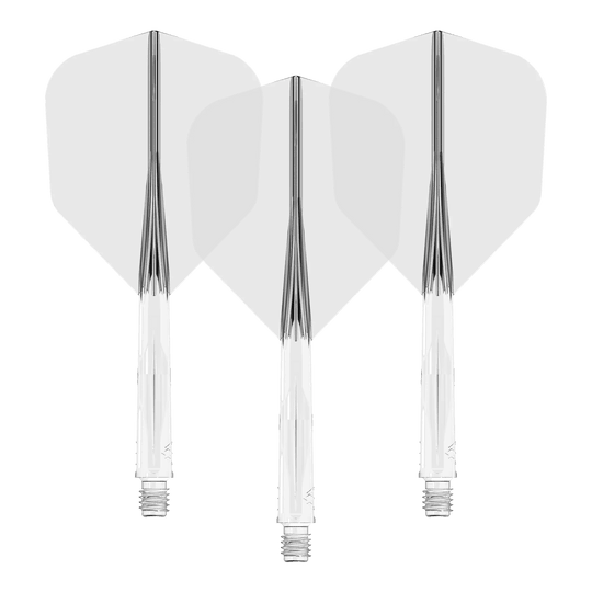 System wału lotniczego Mission Force 90 No6 – przezroczysty Das Bild zeigt drei durchsichtige Dartschäfte mit weißen Flights. Sie sind nebeneinander in einer Reihe angeordnet.