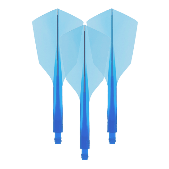 System lotu Condor AX 120 Clear Blue - wąski Das Bild zeigt drei blaue Dart-Flights mit integriertem Schaft. Es handelt sich um das Produkt "Condor Axe 120 Flight-System Clear Blue - Narrow".
