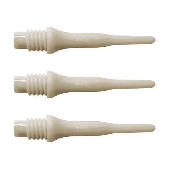 896_Bulls_Tefo_X_Softdart-Spitzen_100erPack_Weiss_1 Das Bild zeigt drei weiße Kunststoffspitzen für Soft-Darts. Es handelt sich um das Produkt "Bulls Tefo X Spitzen (100er Pack)".