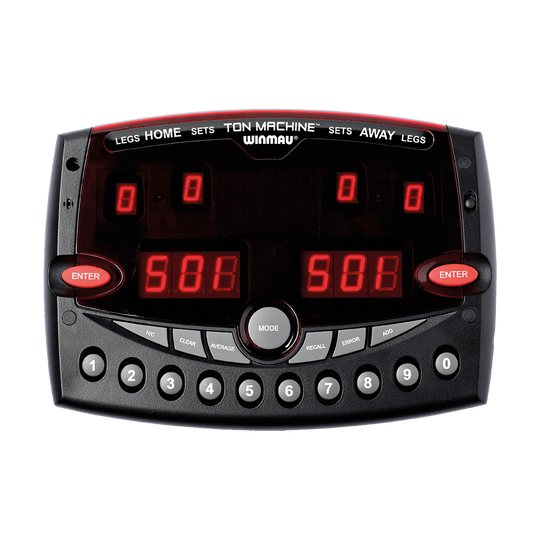 8050_Winmau_Ton_Machine_Professional_Scorer_1 Das Bild zeigt den Winmau Ton Machine Professional Scorer, ein elektronisches Anzeigegerät für Darts. Es verfügt über ein digitales Display, zahlreiche Bedientasten und rote Enter-Tasten auf beiden Seiten.