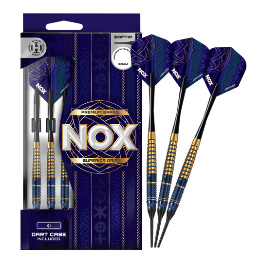Harrows Nox Premium Brass Soft Darts Das Bild zeigt die Harrows Nox Premium Brass Softdarts. Es handelt sich um hochwertige Dartpfeile für Softdart-Spieler.