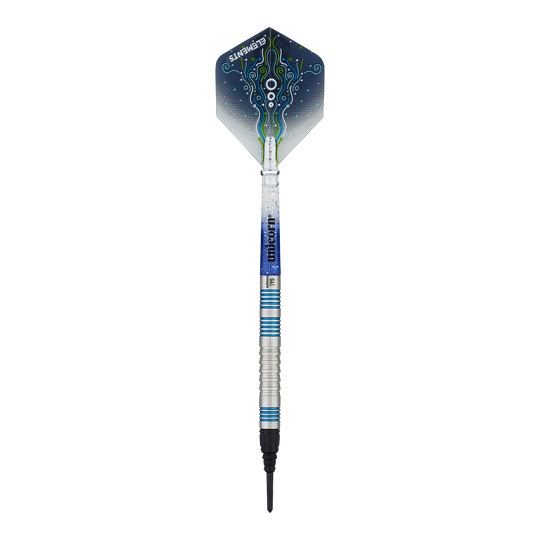 Unicorn T95 Core XL Blue miękkie lotki Das Bild zeigt einen Unicorn T95 Core XL Blue Softdart. Der Dartpfeil hat blaue und silberne Akzente sowie ein grafisch gestaltetes Flight-Design.