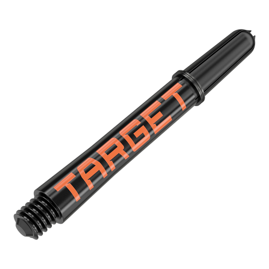 Das Bild zeigt einen schwarzen Dartshaft mit orangefarbener Aufschrift "TARGET". Der Shaft ist aus Kunststoff und hat ein Schraubgewinde am unteren Ende.