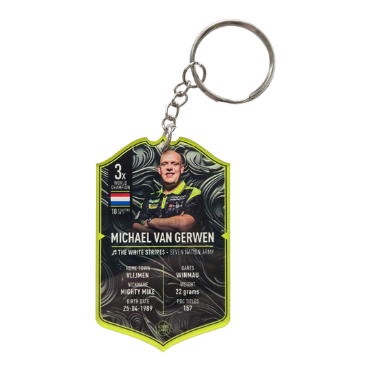 Brelok z kartą Ultimate Darts – Michael Van Gerwen Ultimate Darts Card Schlüsselanhänger - Michael Van Gerwen ist zu sehen. Der Schlüsselanhänger zeigt ein Motiv des berühmten Dartspielers Michael Van Gerwen.