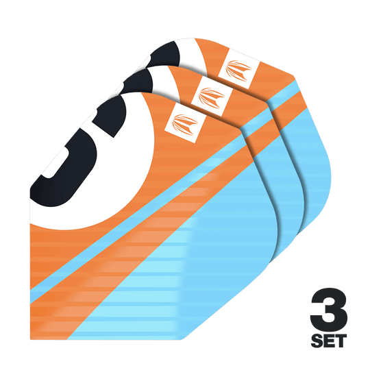 Lotki Target Pro Ultra Chicane Orange No6 - 3 zestawy Das Bild zeigt drei Sets von Target Pro Ultra Chicane Orange No6 Flights für Dartpfeile. Die Flights sind in Orange, Blau und Schwarz gestaltet und tragen das Target-Logo.