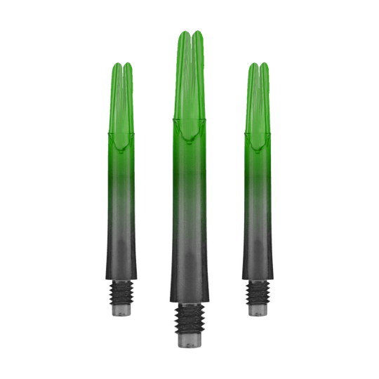 Dwukolorowe wałki w stylu L z blokadą, proste, naturalne, 9, w kolorze zielonym Auf dem Bild sind drei grün-schwarze Dartschäfte zu sehen. Sie sind gerade geformt und haben ein Schraubgewinde am unteren Ende.