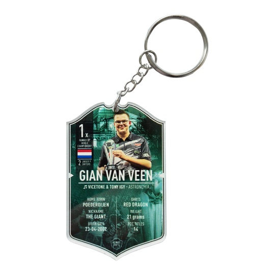 Brelok z kartą Ultimate Darts – Gian Van Veen Ultimate Darts Card Schlüsselanhänger - Gian Van Veen ist abgebildet. Es handelt sich um einen Schlüsselanhänger mit dem Bild des Dartspielers Gian Van Veen.