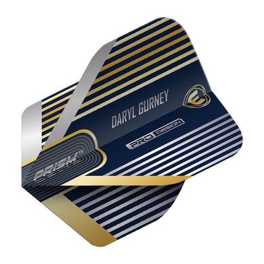 Winmau Prism Delta Daryl Gurney No2 Standard Flights Das Bild zeigt ein Dartflight mit dem Namen "Winmau Prism Delta Daryl Gurney No2 Standard Flights". Das Design ist dunkelblau mit silbernen und goldenen Streifen sowie dem Schriftzug "Daryl Gurney".