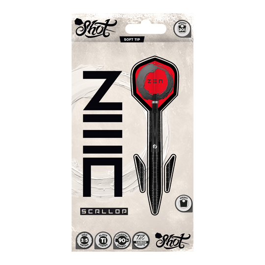 Shoty ZEN Scallop Soft Darts - 20g Das Bild zeigt die Shot ZEN Scallop Softdarts mit einem Gewicht von 20 Gramm. Die Darts sind für Softdart geeignet und haben ein modernes Design.