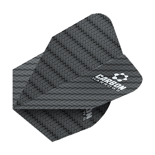 HR51_Harows_Carbon_No6_Flights_Grau_2 Das Bild zeigt das Produkt "Harrows Carbon Flights HR51". Es hat ein schwarzes Muster mit weißem Logoaufdruck.