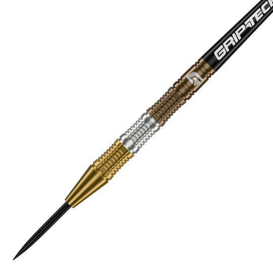 Dies ist ein GOAT Ceremony Tungsten Steeldart mit einem goldenen und silbernen Griffbereich. Auf dem Schaft steht das Wort "GRIPTECH".