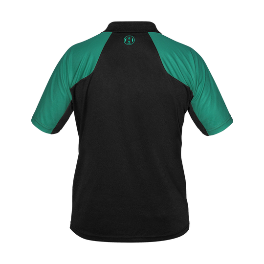 17577-Harrows-Vivid-Dartshirt-Black-Jade-2 Das Bild zeigt ein Harrows Vivid Dartshirt in den Farben Schwarz und Jade. Das Shirt hat grüne Ärmel und einen schwarzen Rücken mit einem kleinen Logo am oberen Rücken.