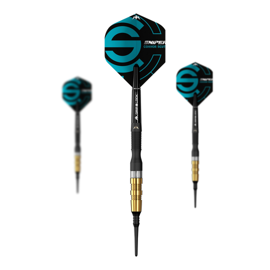 Das Bild zeigt drei Softdarts des Modells „Mission Connor Scutt Sniper Black Gold“ mit einem Gewicht von 20g. Die Darts haben schwarze und goldene Griffe sowie auffällige Flights mit einem blauen Design.