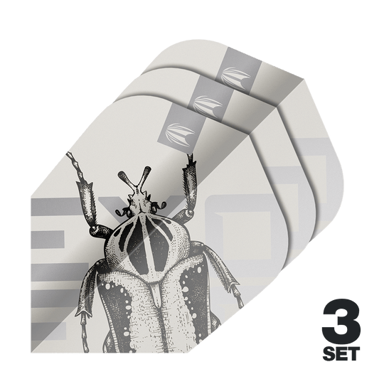 Target Pro Ultra Exo 2.0 Ten-X Flights - 3 serie Das Bild zeigt drei Sätze Target Pro Ultra Exo 2.0 Ten-X Flights für Darts. Auf den Flights ist eine schwarz-weiße Zeichnung eines Insekts abgebildet.