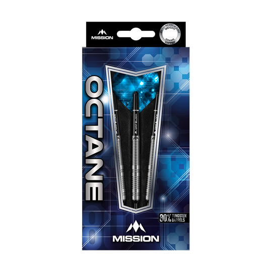 Das Bild zeigt die Verpackung der Mission Octane Model 1 Softdarts mit einem Gewicht von 20 Gramm. Die Darts bestehen aus 80 % Tungsten und sind modern gestaltet.