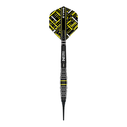 Czerwone strzałki Astraeus Q4X Torpedo Soft Darts - 20g Das Bild zeigt den Red Dragon Astraeus Q4X Torpedo Softdart mit einem Gewicht von 20g. Der Dart hat ein modernes Design mit schwarzen und gelben Akzenten.