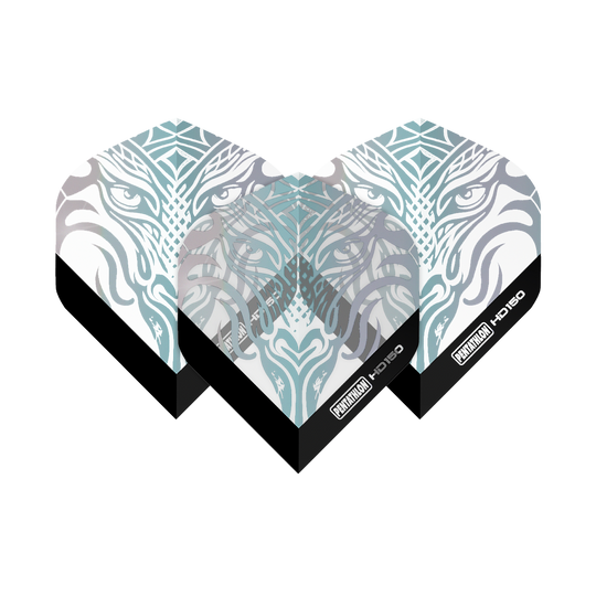 Pentathlon HD150 Metallic Clear Standard Flights Das Bild zeigt die Pentathlon HD150 Metallic Clear Standard Flights mit einem stilisierten, tierischen Gesichtsmuster. Die Flights sind größtenteils durchsichtig mit silbernen und metallischen Akzenten sowie schwarzem Rand unten.