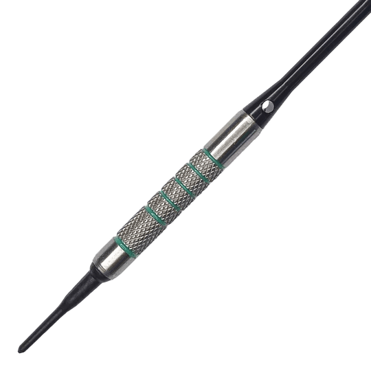 Lotki miękkie McDart 85 Tungsten V7 - 16,5 g Das Bild zeigt einen McDart 85er Tungsten V7 Softdart mit einem Gewicht von 16,5g. Der Dart hat eine strukturierte silberne Griffzone mit grünen Akzenten und einer schwarzen Kunststoffspitze.