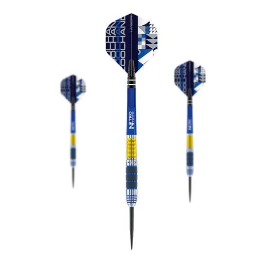 Das Bild zeigt drei Steeldarts des Modells "Red Dragon Luke Humphries" mit blauen, gelben und silbernen Akzenten. Die Flights haben ein modernes Design mit Schriftzügen und geometrischen Mustern.