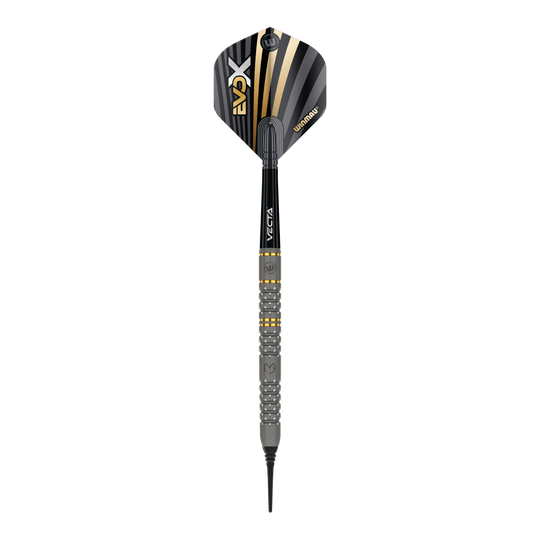 Miękkie rzutki Winmau Michael Van Gerwen Evo-X - 20g Das Bild zeigt einen Winmau Michael Van Gerwen Evo-X Softdart mit einem Gewicht von 20g. Der Dart hat ein modernes Design mit schwarz-goldenen Akzenten und einer strukturierten Griffzone.