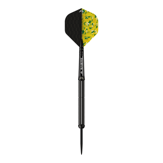 Der abgebildete Dart ist der Mission Thomas Banks Black PVD Steeldart mit einem Gewicht von 24 Gramm. Er hat ein schwarzes Barrel und Flights mit einem schwarz-gelben Muster.